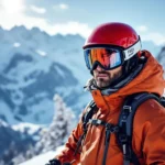 Essentiële ski beschermingsuitrusting gerangschikt op verse sneeuw, inclusief rode helm en skibril, met majestueuze Alpenbergen op de achtergrond.