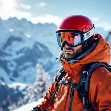 Essentiële ski beschermingsuitrusting gerangschikt op verse sneeuw, inclusief rode helm en skibril, met majestueuze Alpenbergen op de achtergrond.