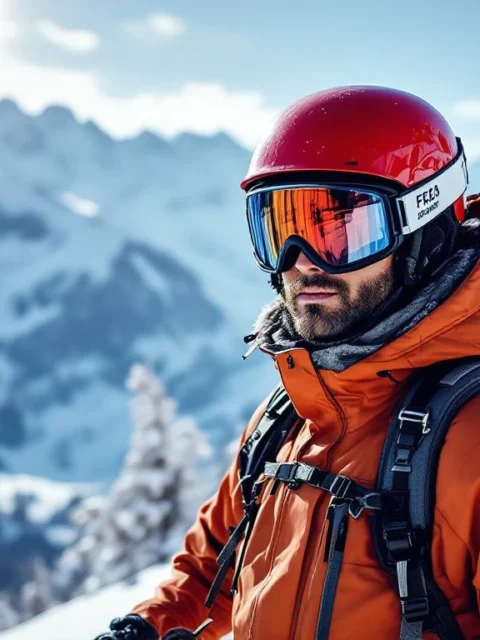 Essentiële ski beschermingsuitrusting gerangschikt op verse sneeuw, inclusief rode helm en skibril, met majestueuze Alpenbergen op de achtergrond.