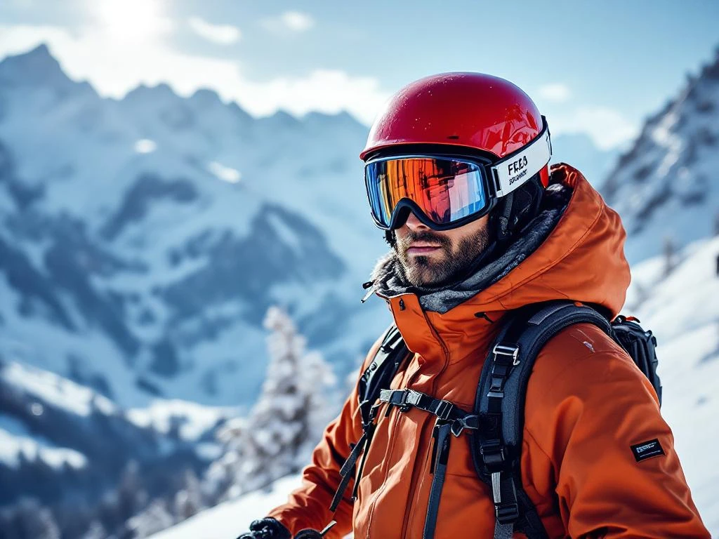 Essentiële ski beschermingsuitrusting gerangschikt op verse sneeuw, inclusief rode helm en skibril, met majestueuze Alpenbergen op de achtergrond.