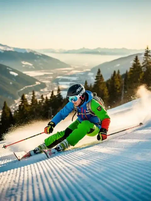 Skiër maakt vloeiende bochten op een verzorgde blauwe piste in een zonnig Alpendal, omgeven door besneeuwde bergkammen en dennenbossen.