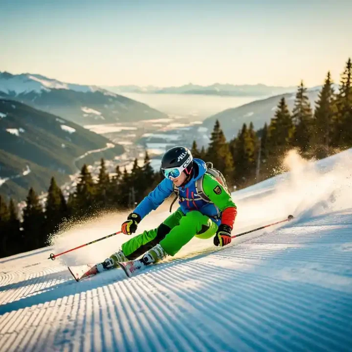 Skiër maakt vloeiende bochten op een verzorgde blauwe piste in een zonnig Alpendal, omgeven door besneeuwde bergkammen en dennenbossen.