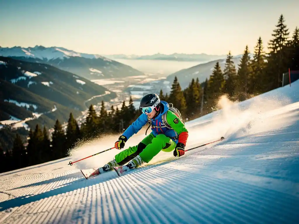 Skiër maakt vloeiende bochten op een verzorgde blauwe piste in een zonnig Alpendal, omgeven door besneeuwde bergkammen en dennenbossen.