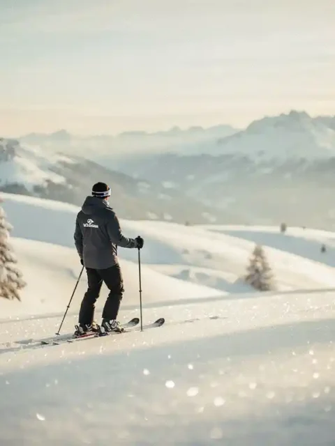 Skiër rust op besneeuwd Alpien helling met uitzicht op wit dal, omgeven door besneeuwde dennen in warm winterzonlicht.