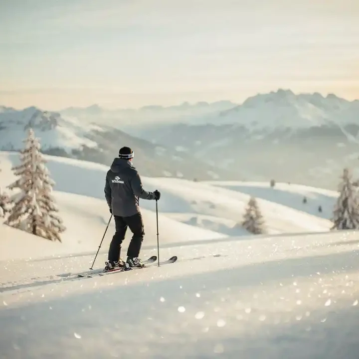 Skiër rust op besneeuwd Alpien helling met uitzicht op wit dal, omgeven door besneeuwde dennen in warm winterzonlicht.