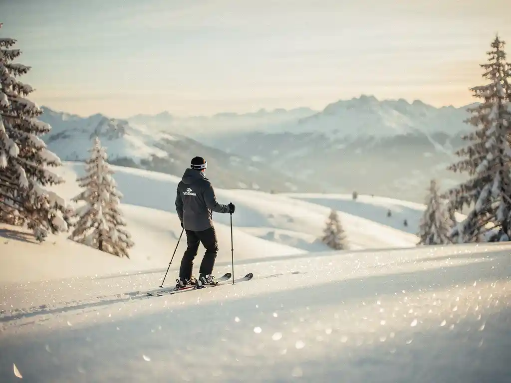 Skiër rust op besneeuwd Alpien helling met uitzicht op wit dal, omgeven door besneeuwde dennen in warm winterzonlicht.