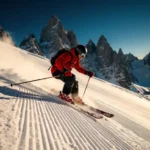 Skiër in rood jack maakt parallelle bochten op steile gepiste Alpenhelling met bergtoppen op de achtergrond.