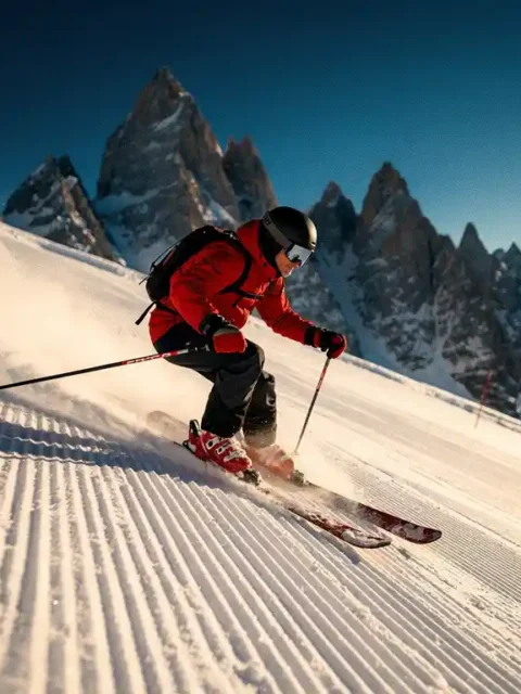Skiër in rood jack maakt parallelle bochten op steile gepiste Alpenhelling met bergtoppen op de achtergrond.