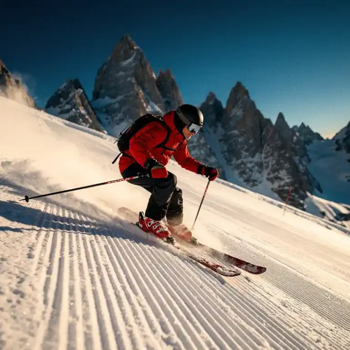 Skiër in rood jack maakt parallelle bochten op steile gepiste Alpenhelling met bergtoppen op de achtergrond.