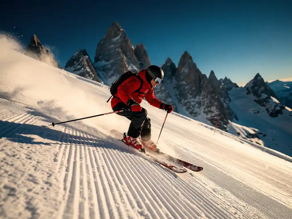 Skiër in rood jack maakt parallelle bochten op steile gepiste Alpenhelling met bergtoppen op de achtergrond.