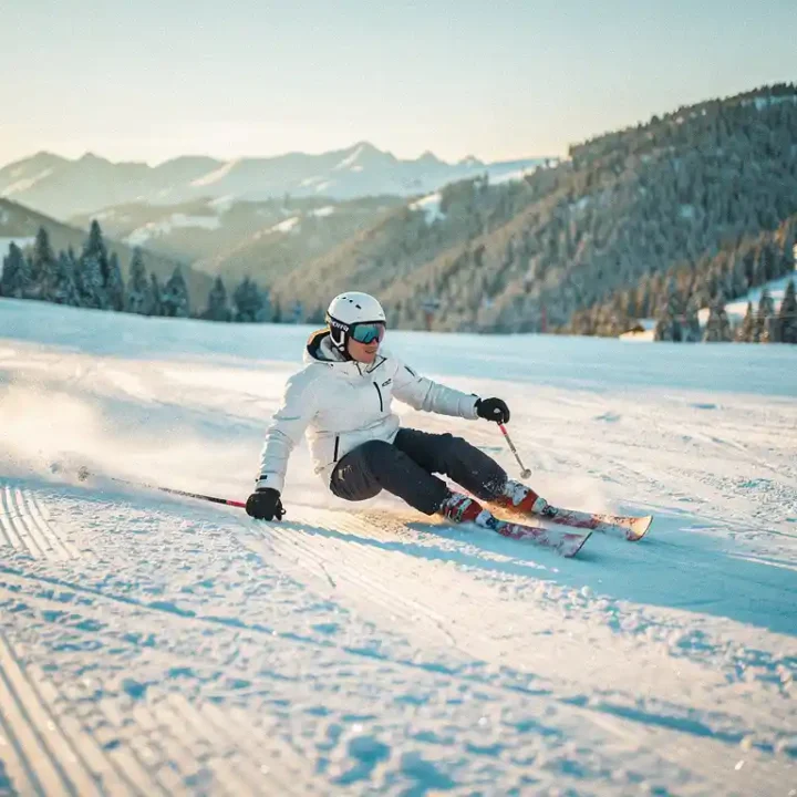 Skiër maakt een bocht op een verzorgde blauwe piste met glinsterende sneeuw, dennenbossen en heldere Alpiene lucht op de achtergrond.