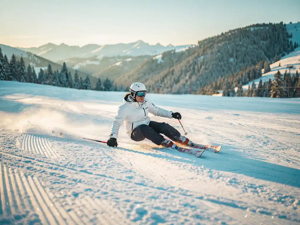 Skiër maakt een bocht op een verzorgde blauwe piste met glinsterende sneeuw, dennenbossen en heldere Alpiene lucht op de achtergrond.