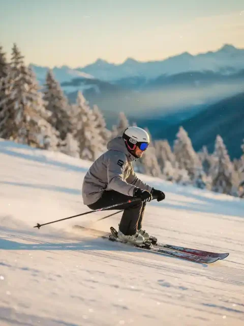 Skiër maakt een vloeiende bocht op een verzorgde alpine piste, omgeven door besneeuwde dennenbossen in gouden ochtendlicht.
