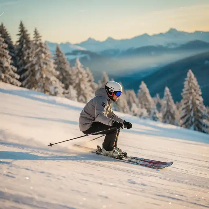 Skiër maakt een vloeiende bocht op een verzorgde alpine piste, omgeven door besneeuwde dennenbossen in gouden ochtendlicht.