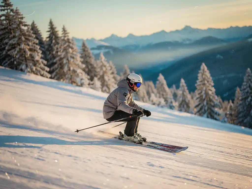 Skiër maakt een vloeiende bocht op een verzorgde alpine piste, omgeven door besneeuwde dennenbossen in gouden ochtendlicht.