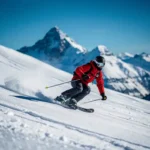 Skiër in perfecte carvingtechniek op verzorgde Alpijnse piste, rode jas, knieën gebogen, bergtoppen en blauwe lucht op achtergrond.