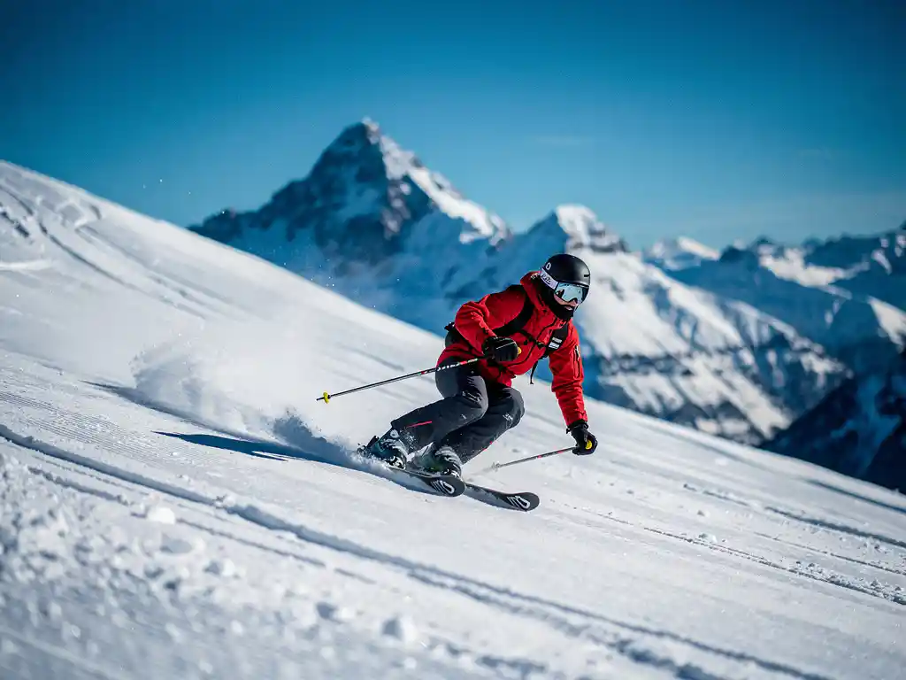 Skiër in perfecte carvingtechniek op verzorgde Alpijnse piste, rode jas, knieën gebogen, bergtoppen en blauwe lucht op achtergrond.