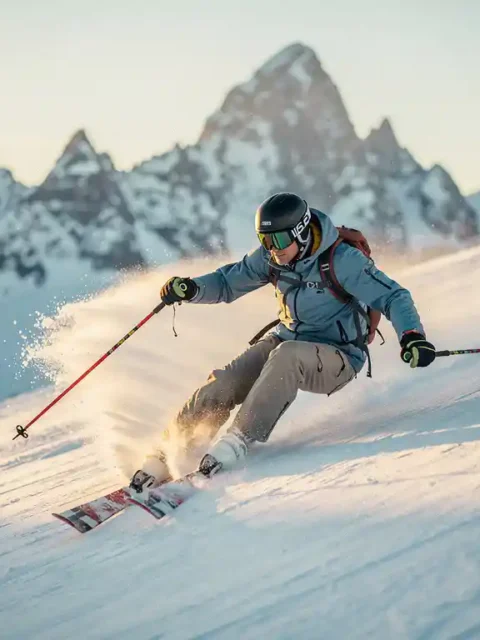 Skiër maakt scherpe bocht op verzorgde Alpijnse piste met sneeuwspray, bergtoppen op de achtergrond en gouden zonlicht.
