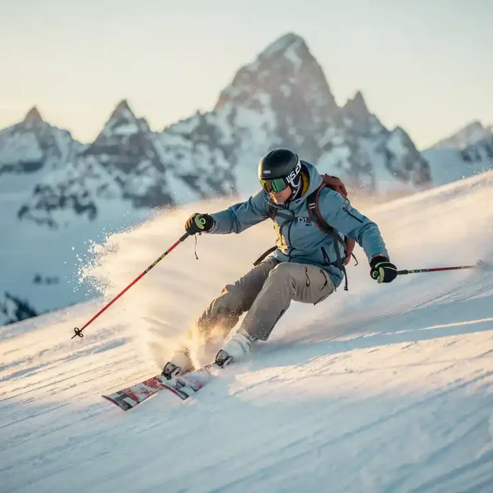 Skiër maakt scherpe bocht op verzorgde Alpijnse piste met sneeuwspray, bergtoppen op de achtergrond en gouden zonlicht.