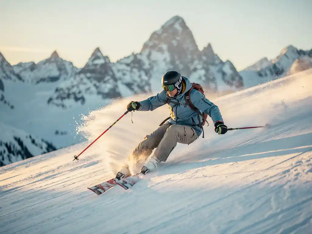 Skiër maakt scherpe bocht op verzorgde Alpijnse piste met sneeuwspray, bergtoppen op de achtergrond en gouden zonlicht.