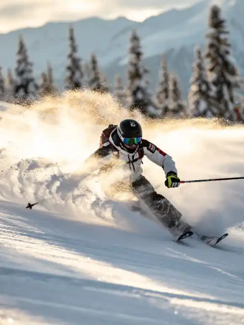 Skiër die scherpe bogen snijdt in geprepareerde piste met ijskristallen spray, besneeuwde dennen en blauwe berglucht op de achtergrond.