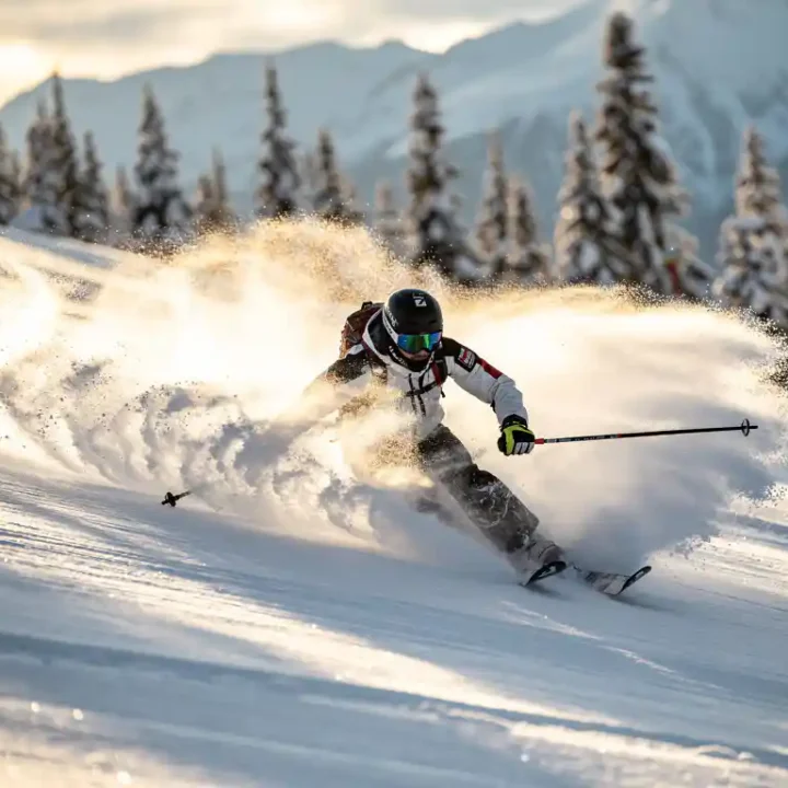 Skiër die scherpe bogen snijdt in geprepareerde piste met ijskristallen spray, besneeuwde dennen en blauwe berglucht op de achtergrond.