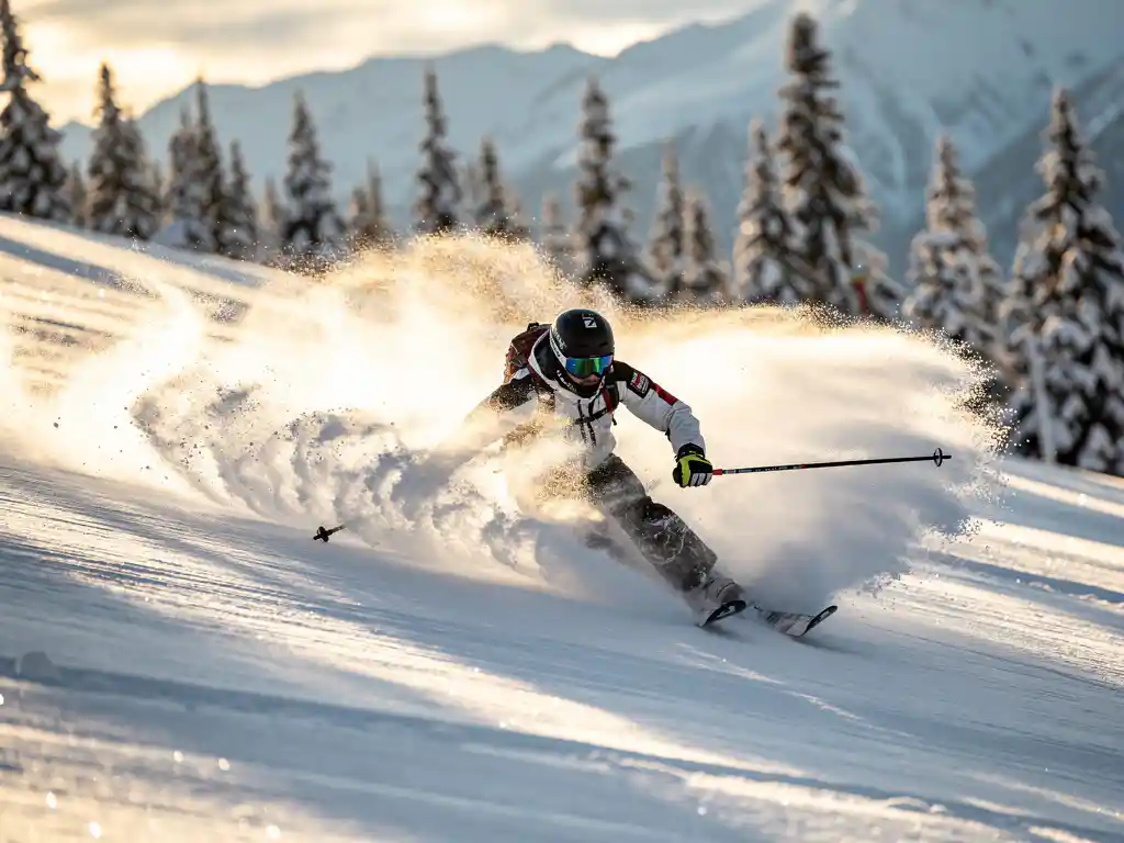 Skiër die scherpe bogen snijdt in geprepareerde piste met ijskristallen spray, besneeuwde dennen en blauwe berglucht op de achtergrond.
