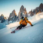 Skiër snijdt scherpe boog in verse sneeuw op steile Alpine piste, met dramatische bergtoppen en blauwe lucht op de achtergrond.