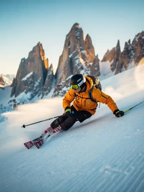 Skiër snijdt scherpe boog in verse sneeuw op steile Alpine piste, met dramatische bergtoppen en blauwe lucht op de achtergrond.