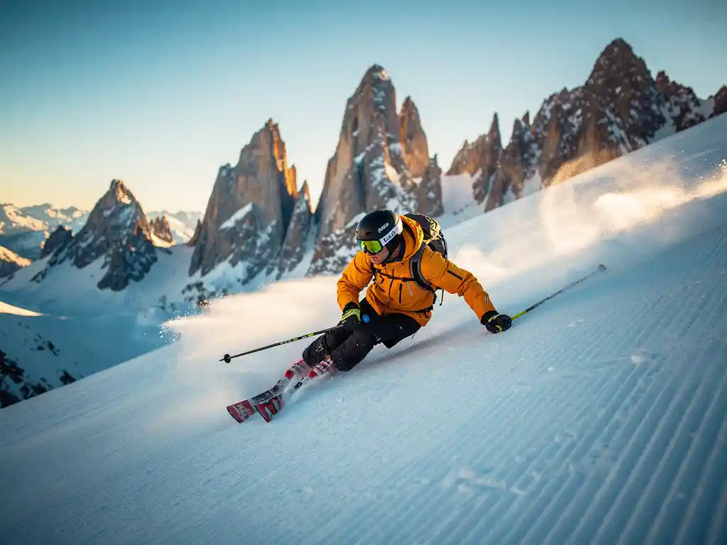Skiër snijdt scherpe boog in verse sneeuw op steile Alpine piste, met dramatische bergtoppen en blauwe lucht op de achtergrond.