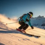 Skiër maakt een vloeiende bocht in verse poedersneeuw op een steile alpenhelling, gouden middaglicht en kobaltblauwe lucht.