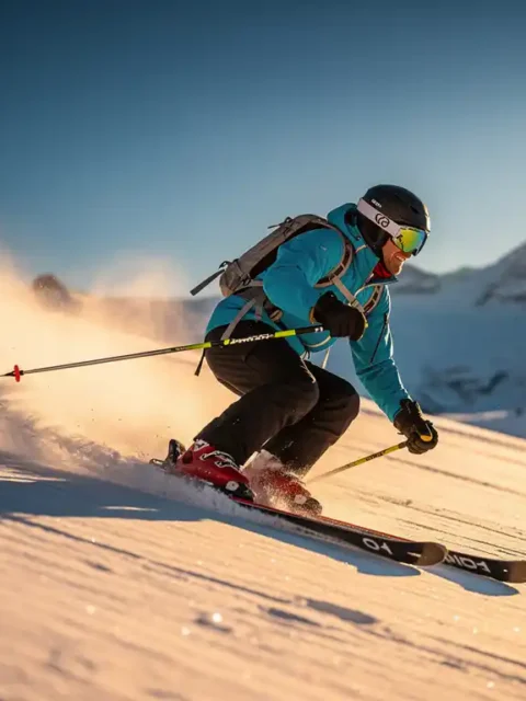 Skiër maakt een vloeiende bocht in verse poedersneeuw op een steile alpenhelling, gouden middaglicht en kobaltblauwe lucht.