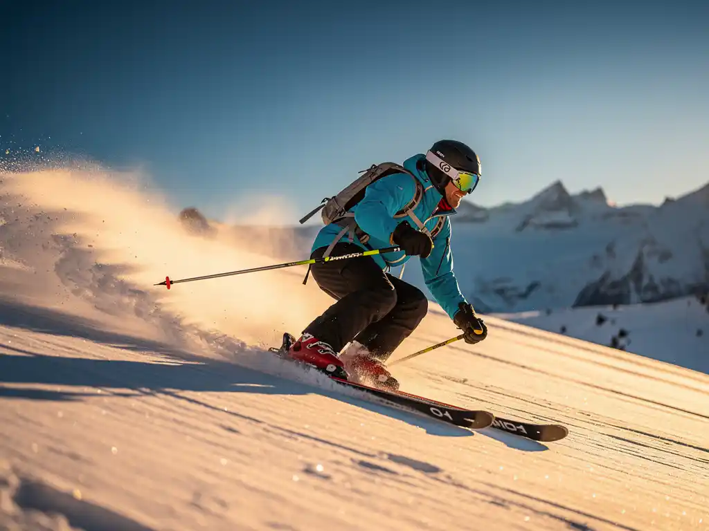 Skiër maakt een vloeiende bocht in verse poedersneeuw op een steile alpenhelling, gouden middaglicht en kobaltblauwe lucht.