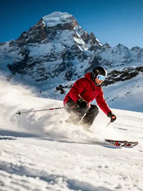 Skiër maakt scherpe carving-bocht op verzorgde Alpijnse piste, sneeuwkristallen spatten zijwaarts, bergtoppen en kobaltblauwe lucht op achtergrond.