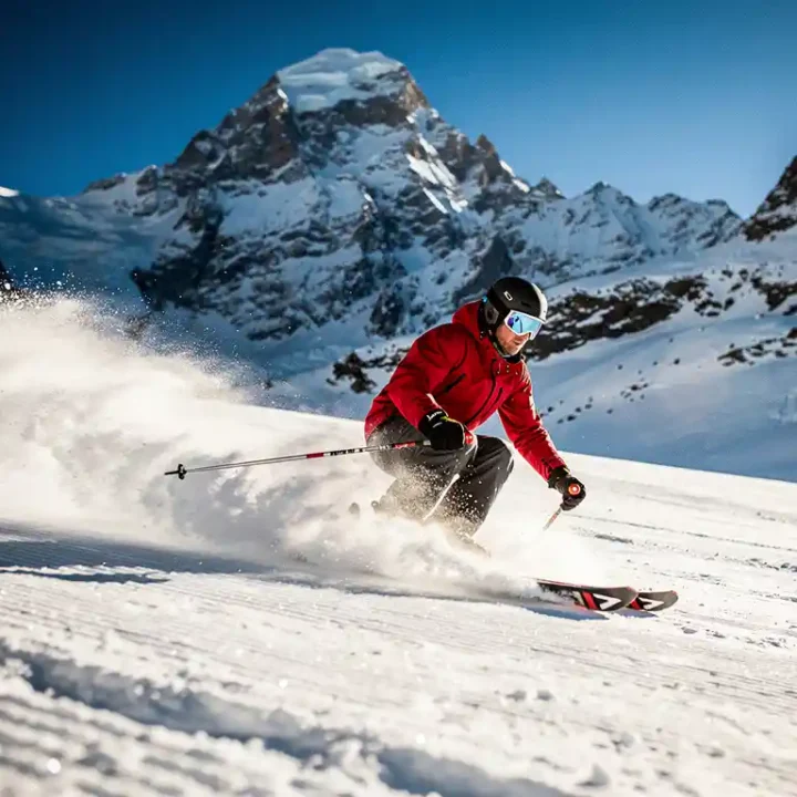 Skiër maakt scherpe carving-bocht op verzorgde Alpijnse piste, sneeuwkristallen spatten zijwaarts, bergtoppen en kobaltblauwe lucht op achtergrond.