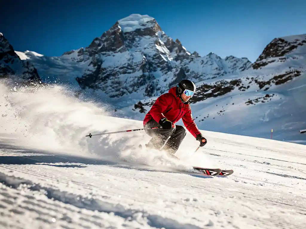 Skiër maakt scherpe carving-bocht op verzorgde Alpijnse piste, sneeuwkristallen spatten zijwaarts, bergtoppen en kobaltblauwe lucht op achtergrond.