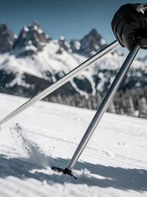 Gehandschoende handen vasthouden aluminium skipoles tijdens afdaling op verzorgde Alpijnse piste, met bergtoppen en dennenbos op de achtergrond.