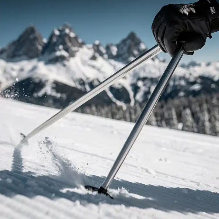 Gehandschoende handen vasthouden aluminium skipoles tijdens afdaling op verzorgde Alpijnse piste, met bergtoppen en dennenbos op de achtergrond.