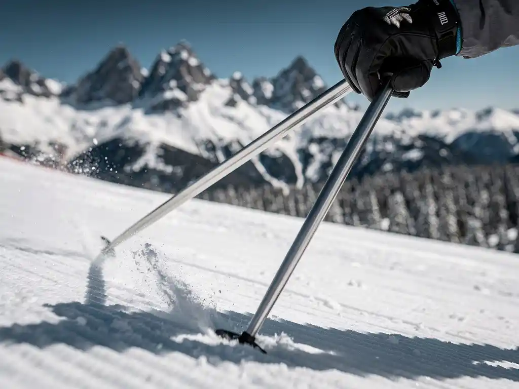 Gehandschoende handen vasthouden aluminium skipoles tijdens afdaling op verzorgde Alpijnse piste, met bergtoppen en dennenbos op de achtergrond.