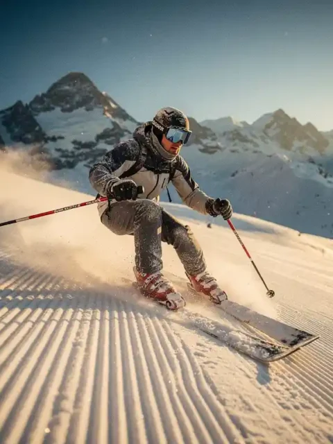 Skiër maakt een parallelle bocht op een verzorgde Alpenhelling, met bergtoppen en blauwe lucht op de achtergrond.