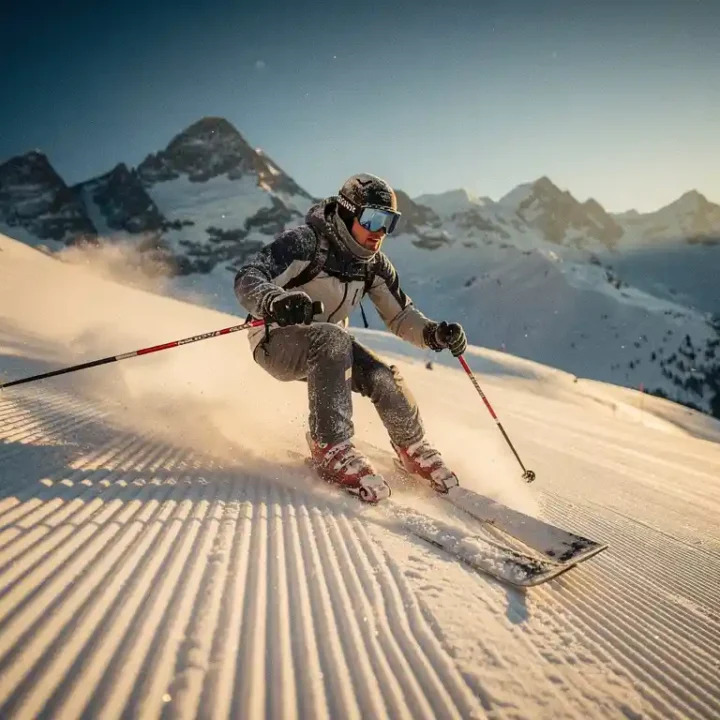 Skiër maakt een parallelle bocht op een verzorgde Alpenhelling, met bergtoppen en blauwe lucht op de achtergrond.