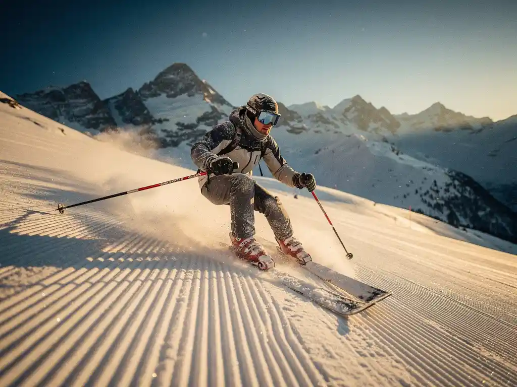 Skiër maakt een parallelle bocht op een verzorgde Alpenhelling, met bergtoppen en blauwe lucht op de achtergrond.