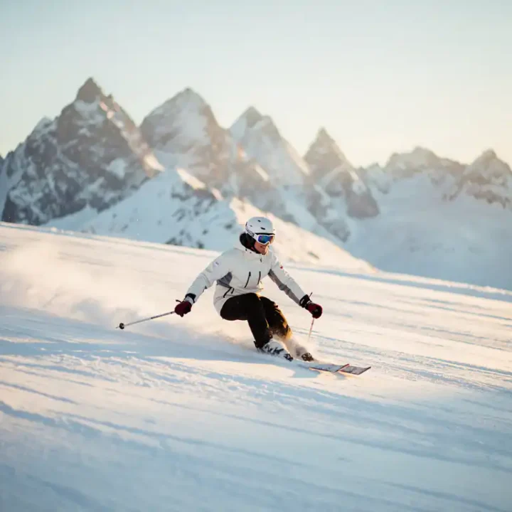 Skiër maakt een vloeiende bocht door poedersneeuw op een Alpiene piste, met bergtoppen en gouden ochtendzon op de achtergrond.