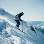 Aarzelnde skiër bovenaan een steile Alpenhelling met uitgestrekt besneeuwd berglandschap en lichtblauwe lucht.