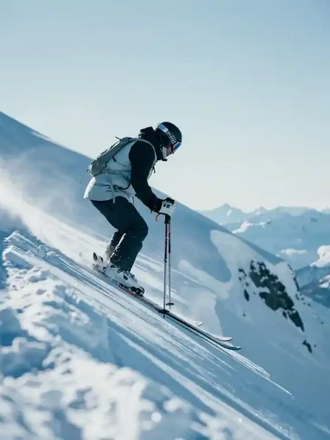 Aarzelnde skiër bovenaan een steile Alpenhelling met uitgestrekt besneeuwd berglandschap en lichtblauwe lucht.