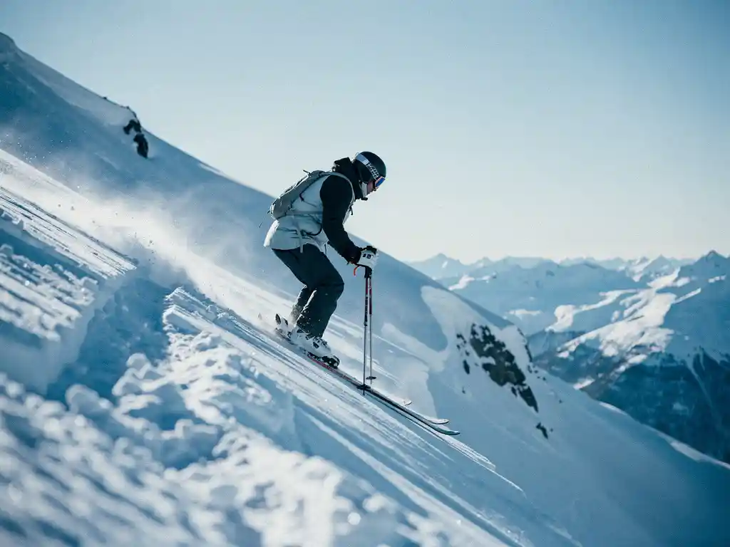 Aarzelnde skiër bovenaan een steile Alpenhelling met uitgestrekt besneeuwd berglandschap en lichtblauwe lucht.