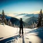Skiër aan de top van een steile zwarte piste in de Alpen, stokken in poedersneeuw, omgeven door besneeuwde dennenbomen in goudkleurig ochtendlicht.