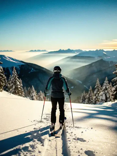 Skiër aan de top van een steile zwarte piste in de Alpen, stokken in poedersneeuw, omgeven door besneeuwde dennenbomen in goudkleurig ochtendlicht.