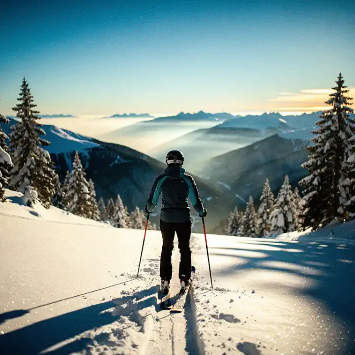 Skiër aan de top van een steile zwarte piste in de Alpen, stokken in poedersneeuw, omgeven door besneeuwde dennenbomen in goudkleurig ochtendlicht.