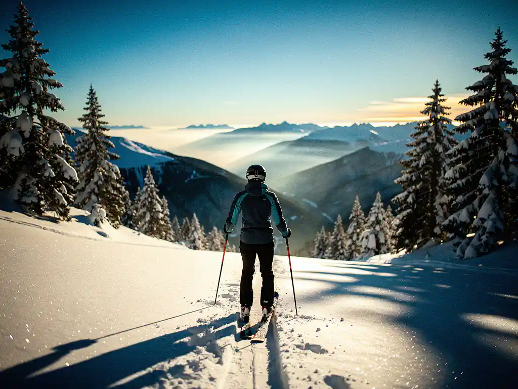 Skiër aan de top van een steile zwarte piste in de Alpen, stokken in poedersneeuw, omgeven door besneeuwde dennenbomen in goudkleurig ochtendlicht.